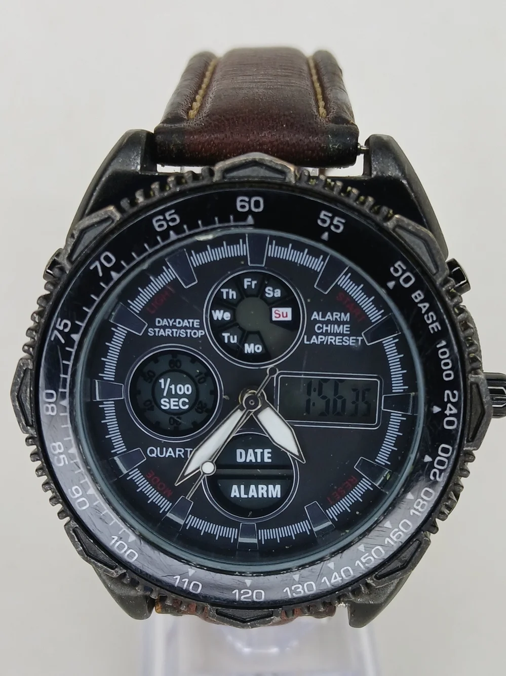 ​Vintage Mens Dual Display Quartz Alarm Chrono Watch Tachymeter Bezel Brown Band